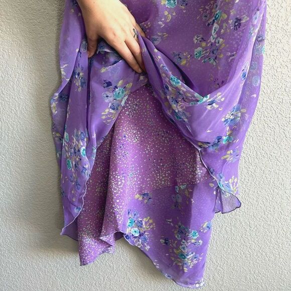 Chiffon Maxi Dress Purple Floral VNeck Sz 14 Short Sleeve Asymmetrical Tie Waist - Picture 4 of 8